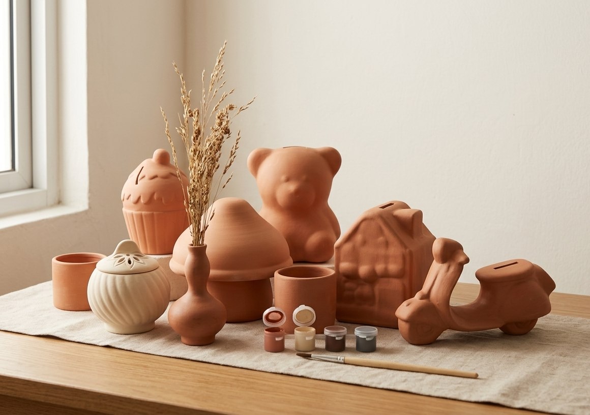 Unpainted bisque pieces — a bear, a house and a scooter coin bank, a cupcake jar, vases and cups — laid out with paint pots and a brush